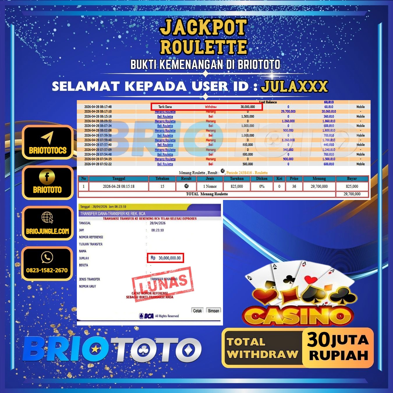 BRIOTOTO JACKPOT LIVE GAME ROULETTE RP.30.000.000,- LUNAS USER ID : JULA***