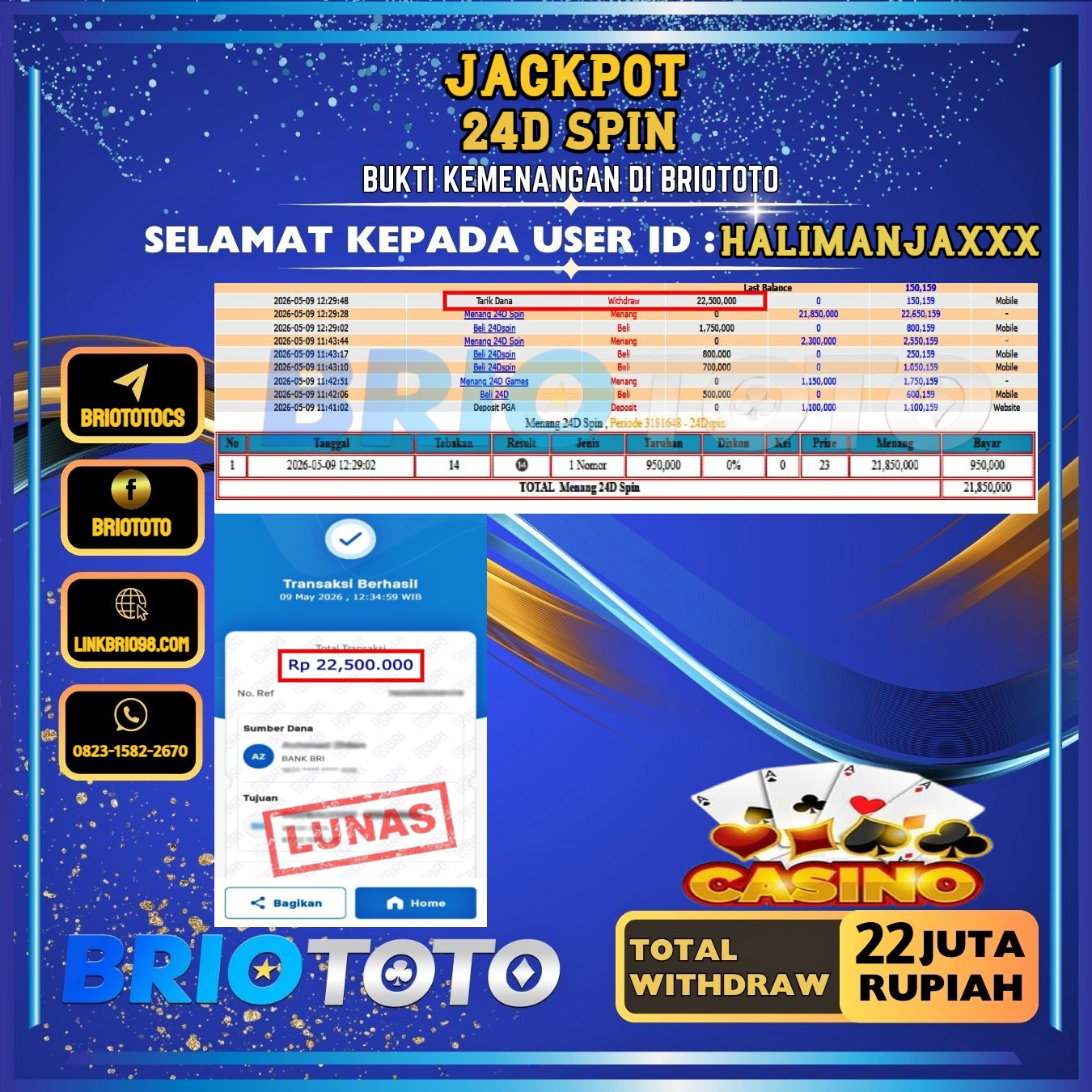 BRIOTOTO JACKPOT LIVE GAME 24D SPIN RP.22.000.000,- LUNAS USER ID : HALIMANJA***