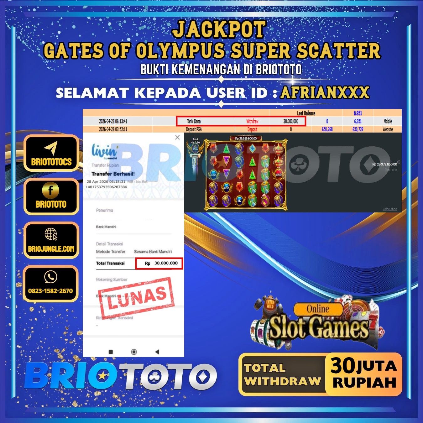 BRIOTOTO JACKPOT SLOT GATES OF OLYMPUS SUPER SCATTER RP.30.000.000,- LUNAS USER ID : AFRIAN***